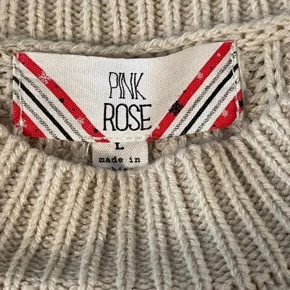 PINK Rose crewneck knit sweater with lace up detail on front upper arm area. - Picture 4 of 9